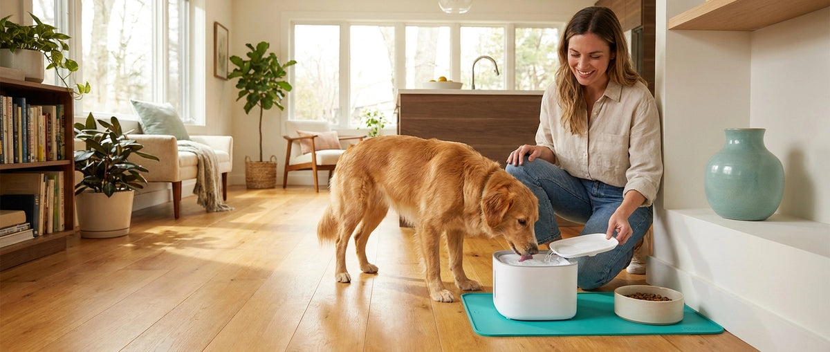A woman feeding her Golden Retriever from an automatic pet feeder in a bright living room.